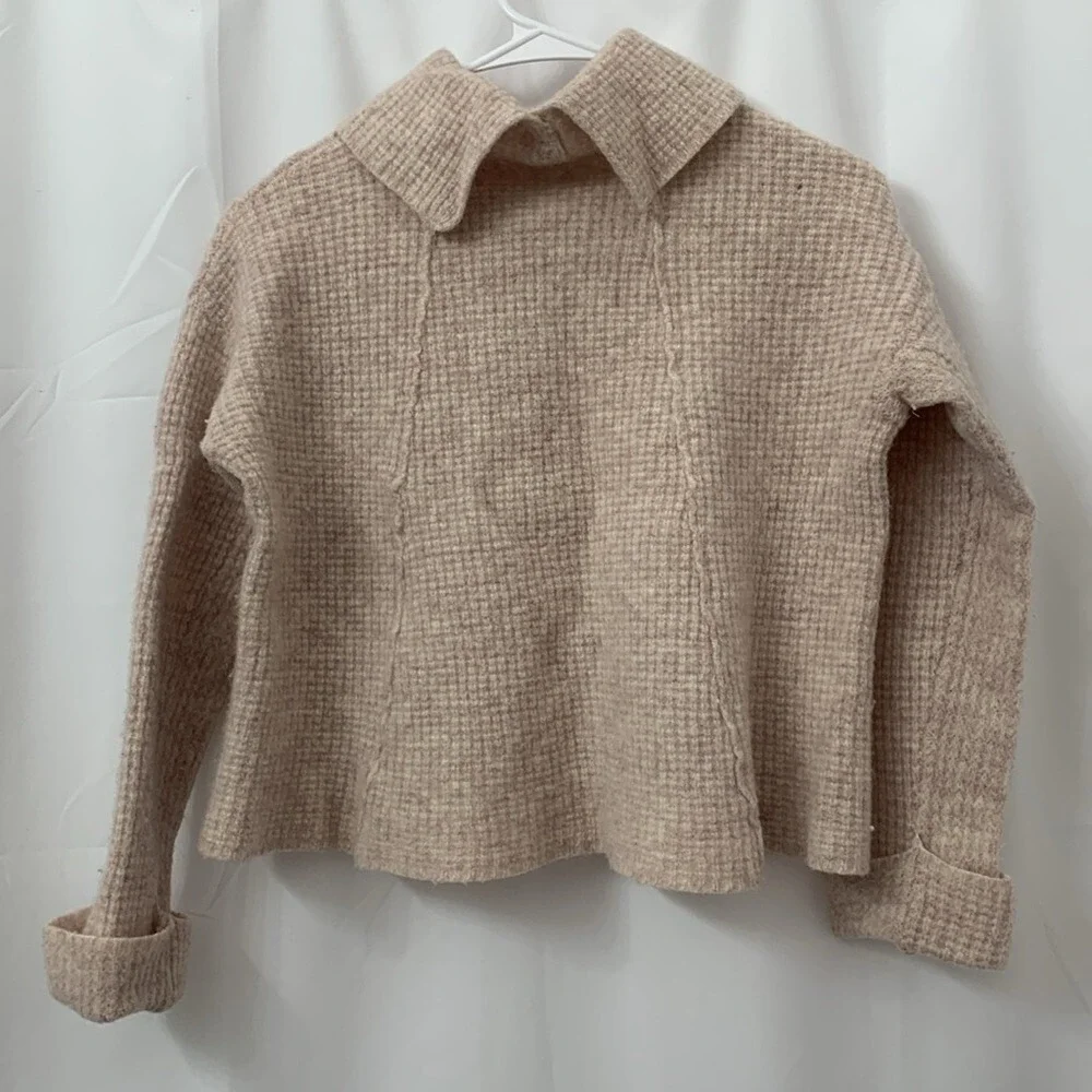 Free People Cowl Neck Waffle Knit‎ Sweater Beige Oversized Small OB401569